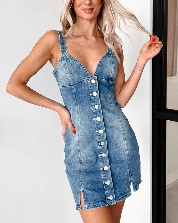 Button Front Denim Mini Slip Dress - Blue