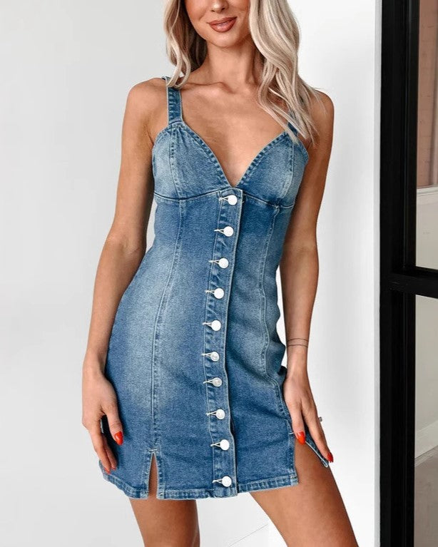 Button Front Denim Mini Slip Dress - Blue - 1