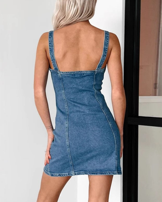 Button Front Denim Mini Slip Dress - Blue - 2