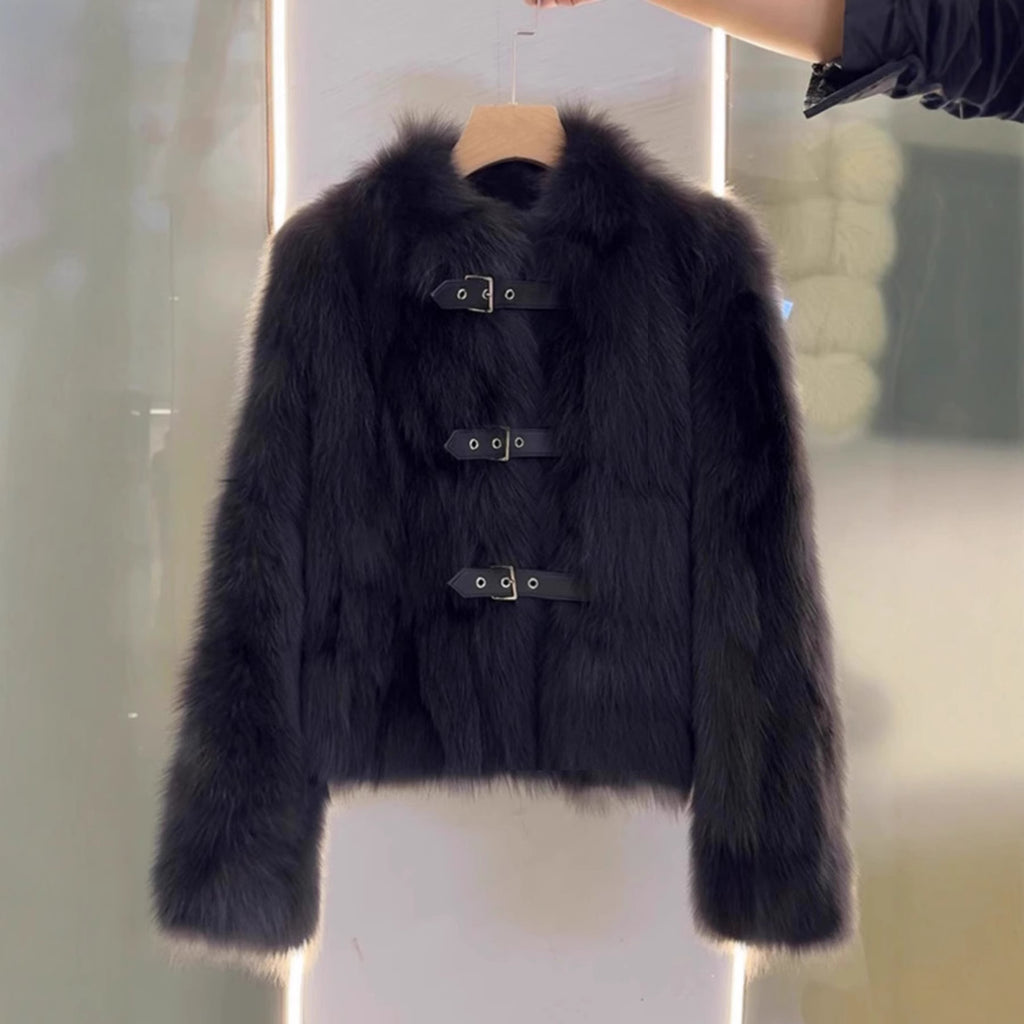Buckle Front Cropped Faux Fur Jacket - Black