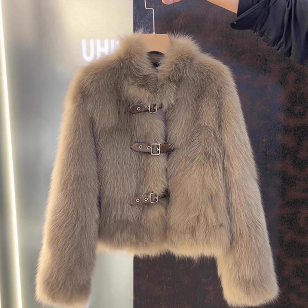 Buckle Front Cropped Faux Fur Jacket - Cocoa