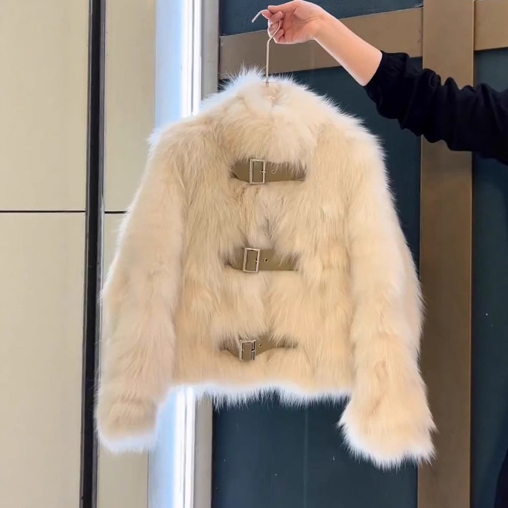Buckle Front Cropped Faux Fur Jacket - OffWhite
