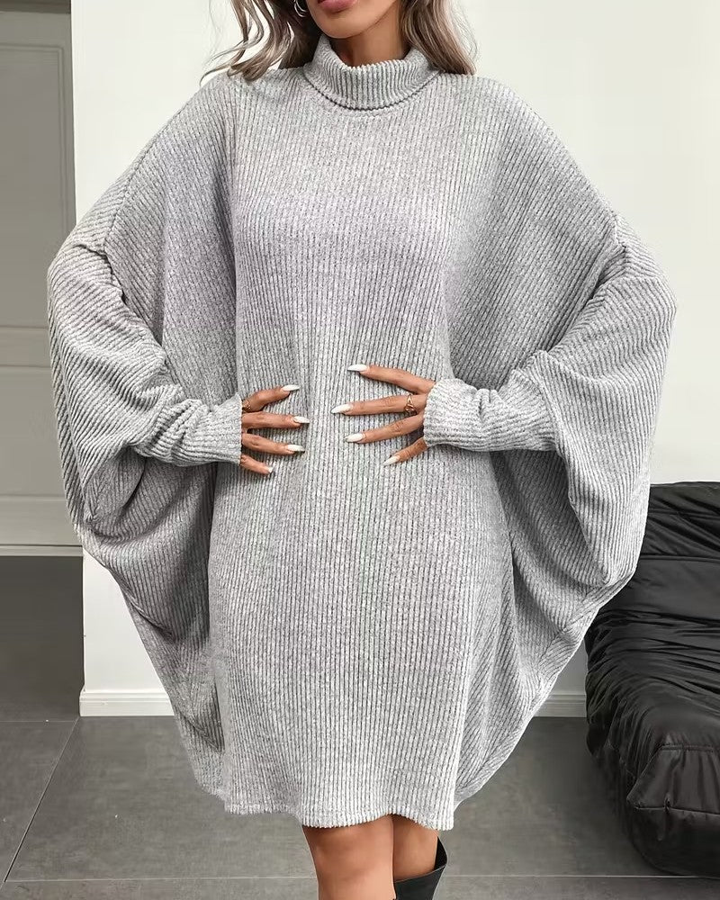 High Neck Batwing Sleeve Oversized Sweater - Grey