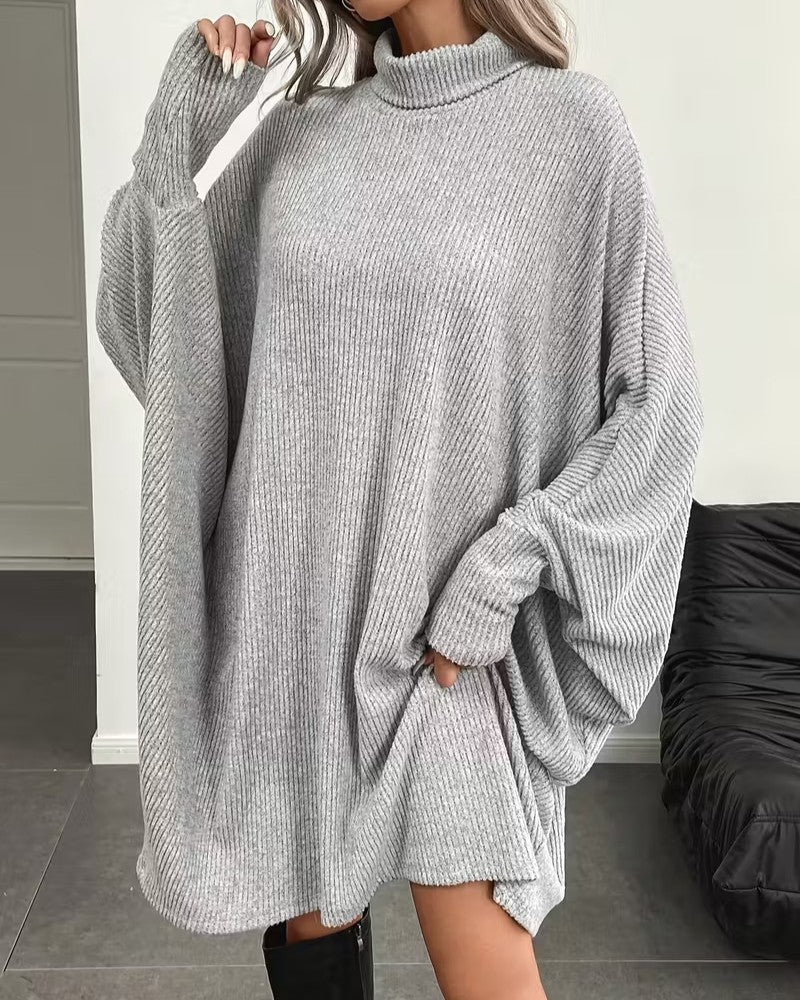 High Neck Batwing Sleeve Oversized Sweater - Grey - 1