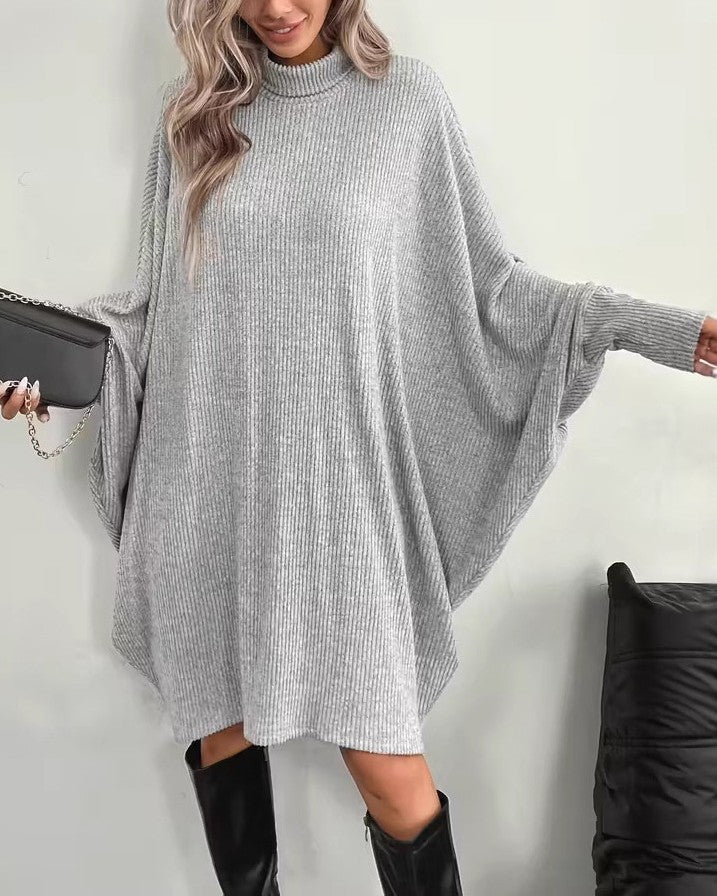 High Neck Batwing Sleeve Oversized Sweater - Grey - 2
