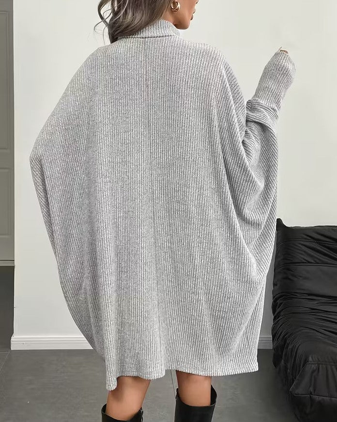 High Neck Batwing Sleeve Oversized Sweater - Grey - 3