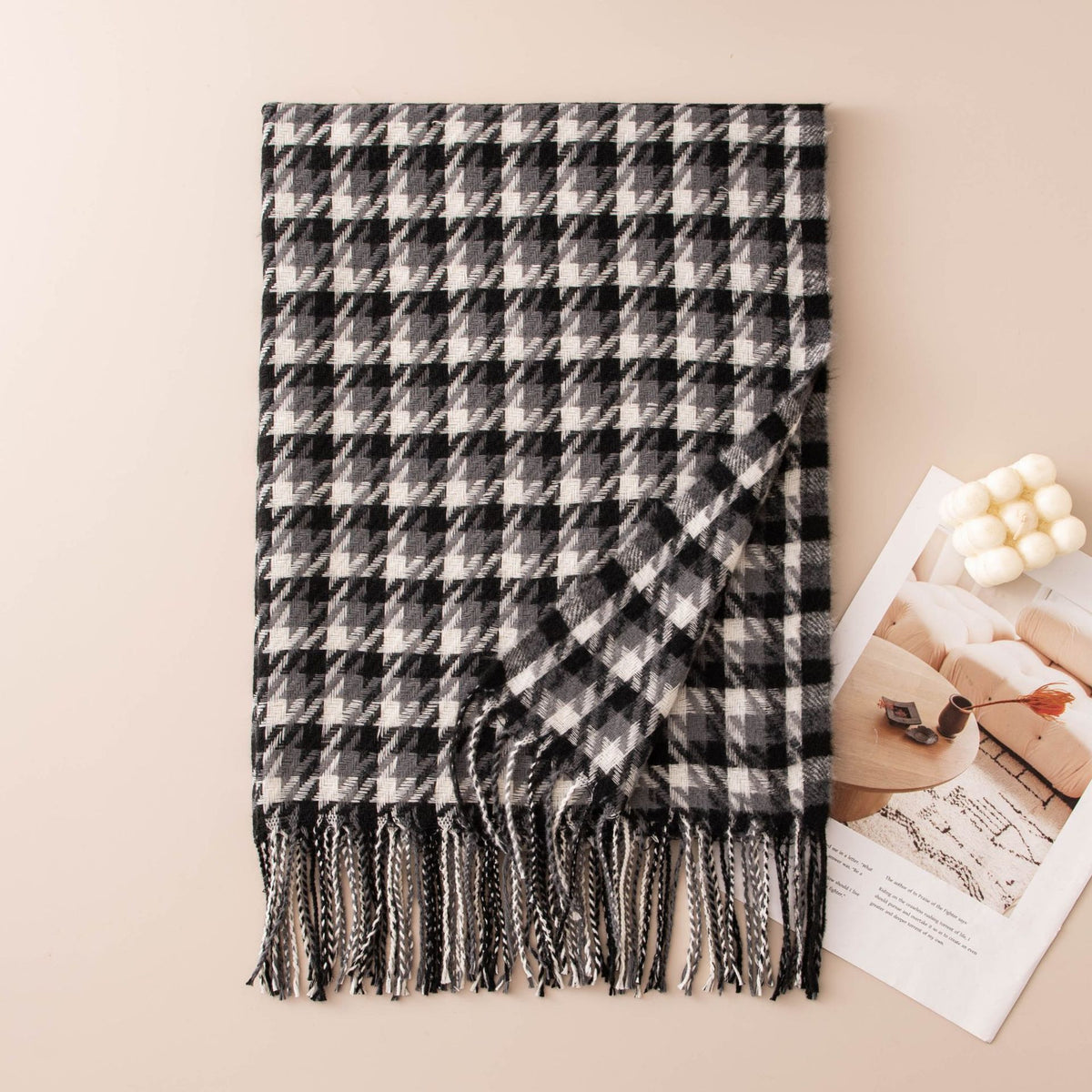 Houndstooth Fringed Oversized Winter Scarf - Black