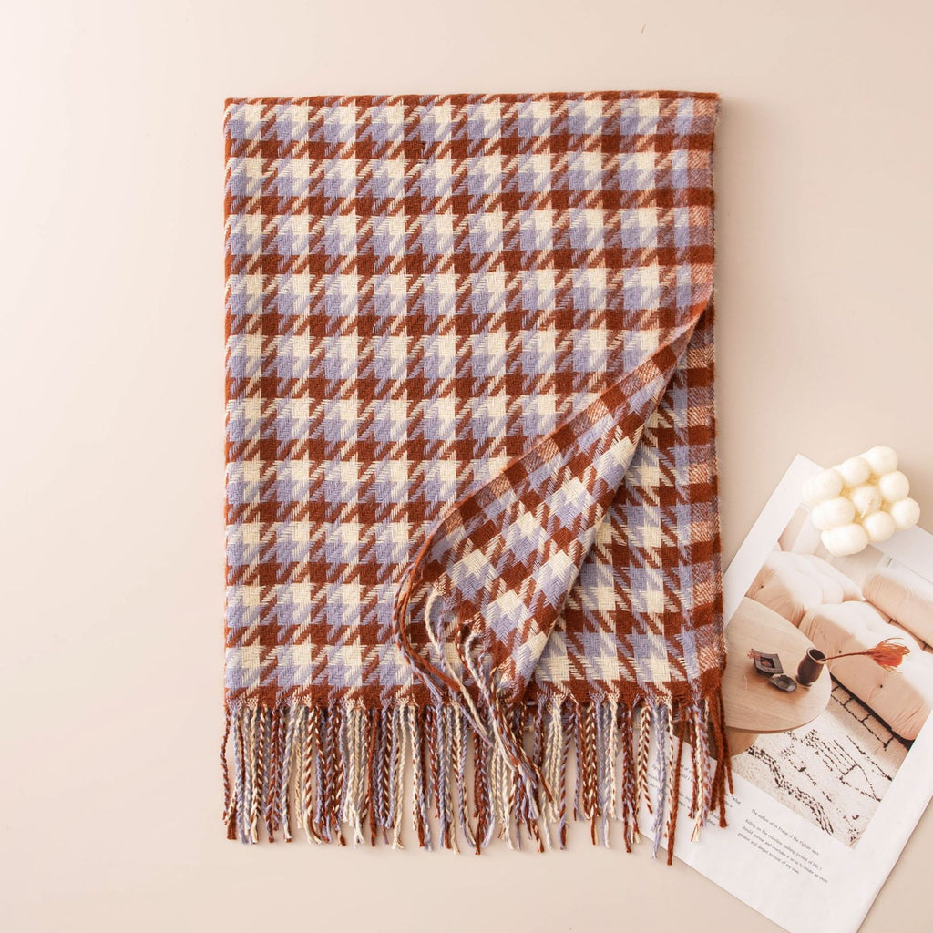 Houndstooth Fringed Oversized Winter Scarf - BlueCoffee