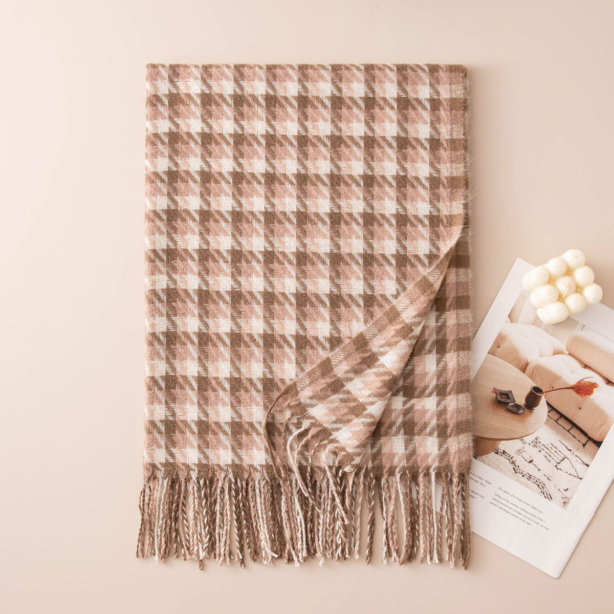 Houndstooth Fringed Oversized Winter Scarf - Camel