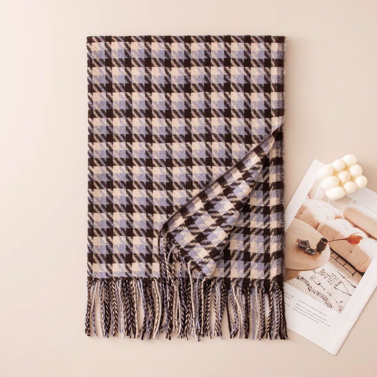 Houndstooth Fringed Oversized Winter Scarf - Grey_Blue
