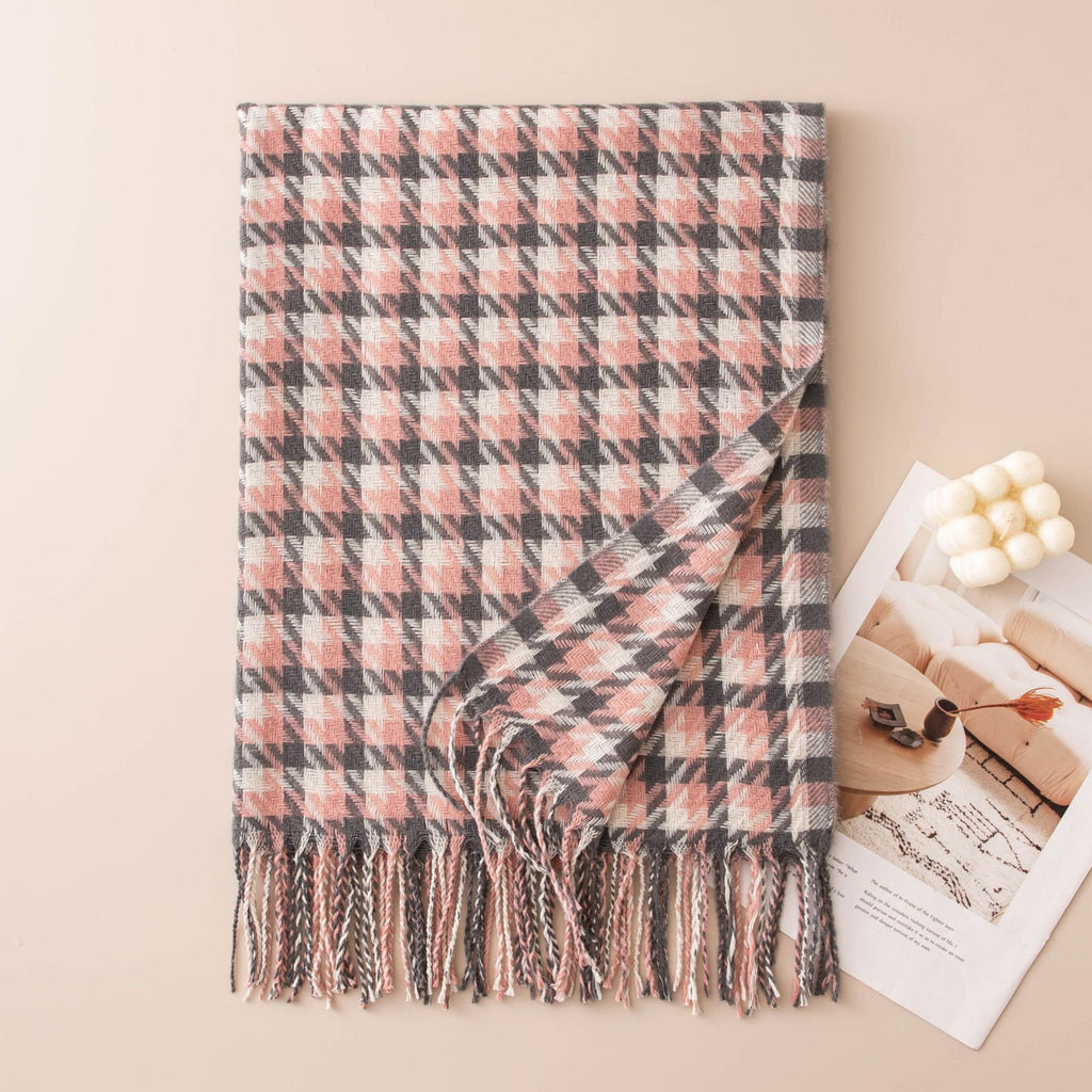 Houndstooth Fringed Oversized Winter Scarf - Grey_Pink