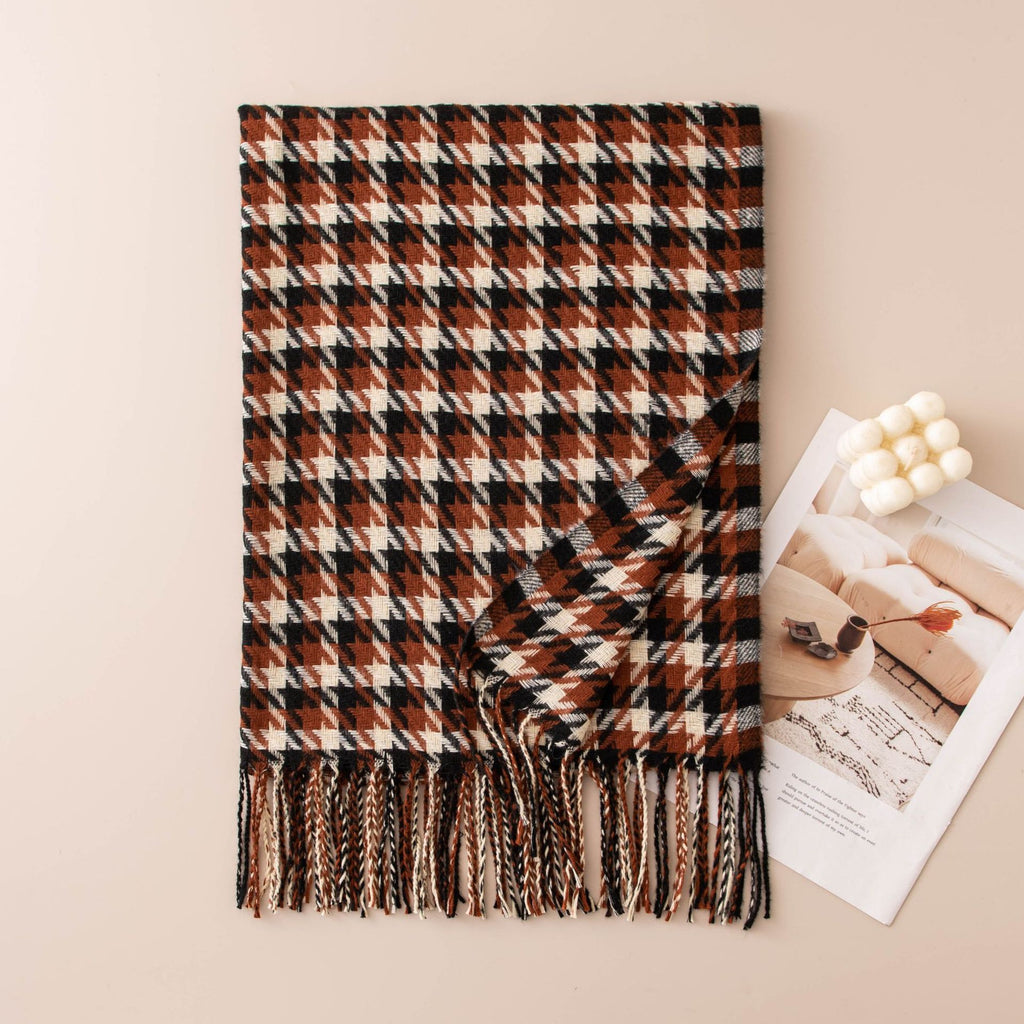 Houndstooth Fringed Oversized Winter Scarf - Red