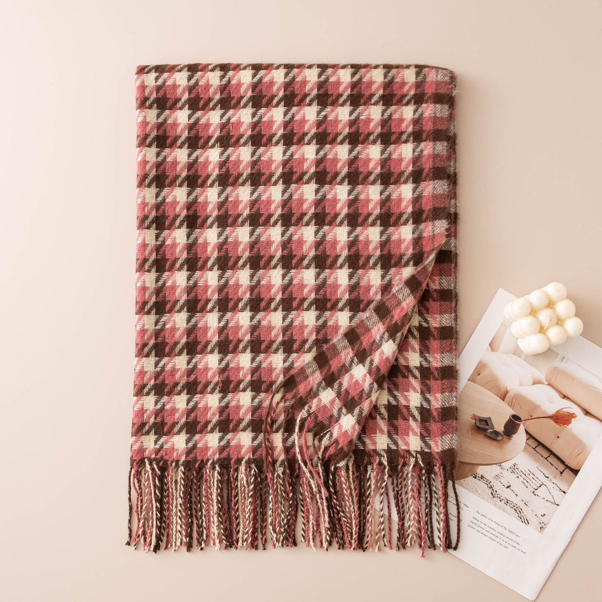 Houndstooth Fringed Oversized Winter Scarf - Rose_Red