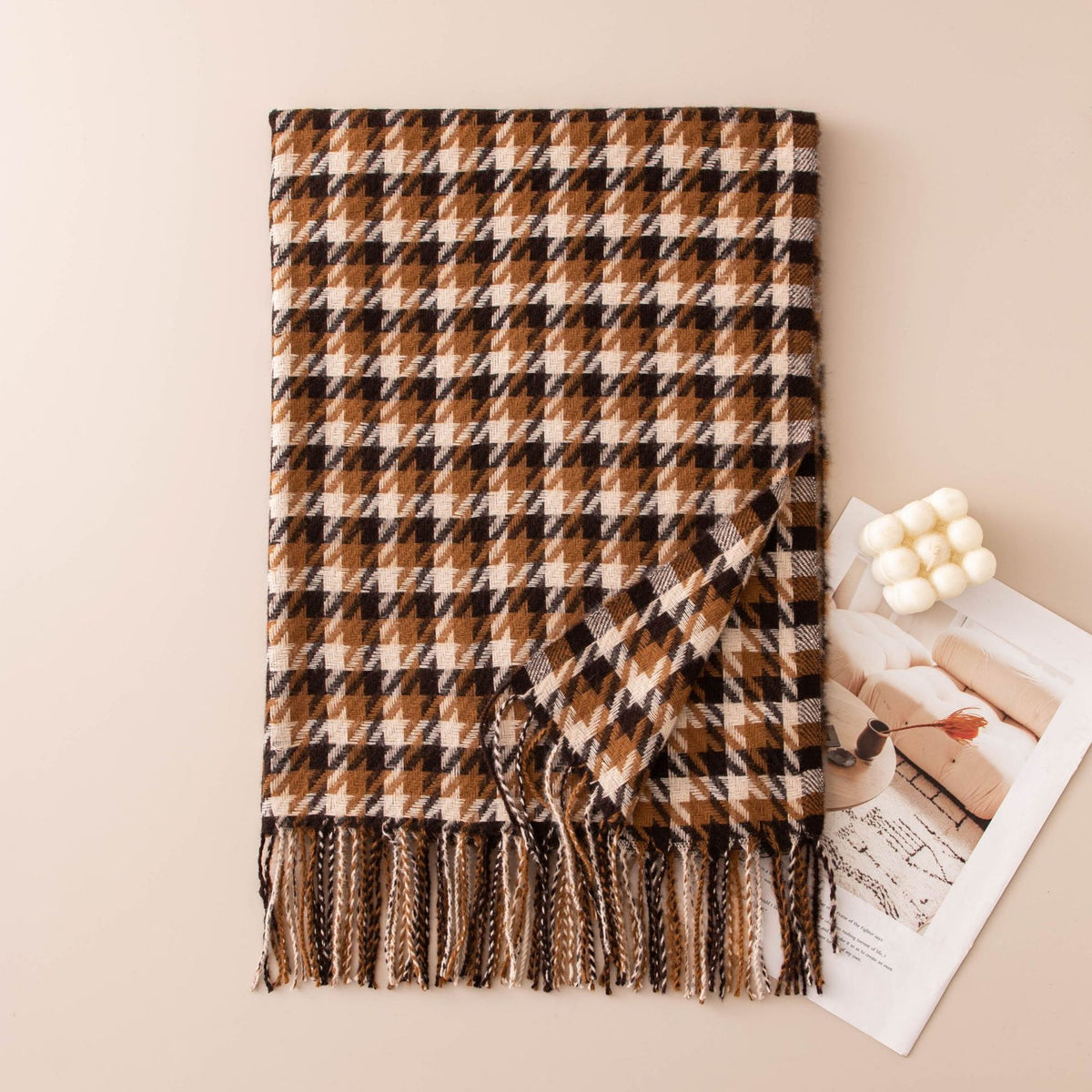 Houndstooth Fringed Oversized Winter Scarf - Yellow