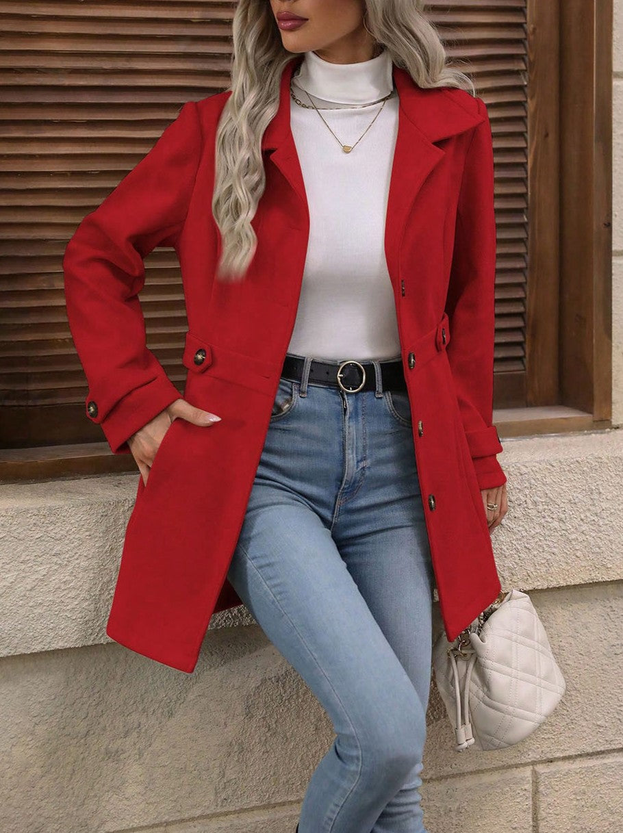 Lapel Collar Slim Fit Mid Length Coat - Red