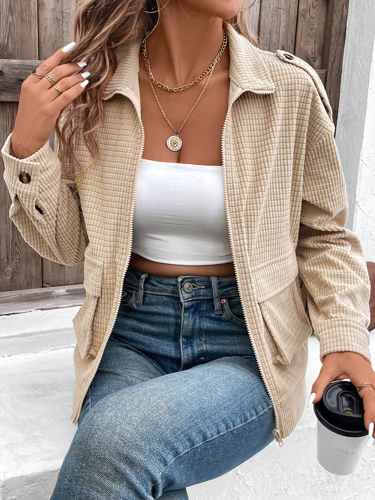 Waffle Knit Zip Up Collared Jacket - Khaki
