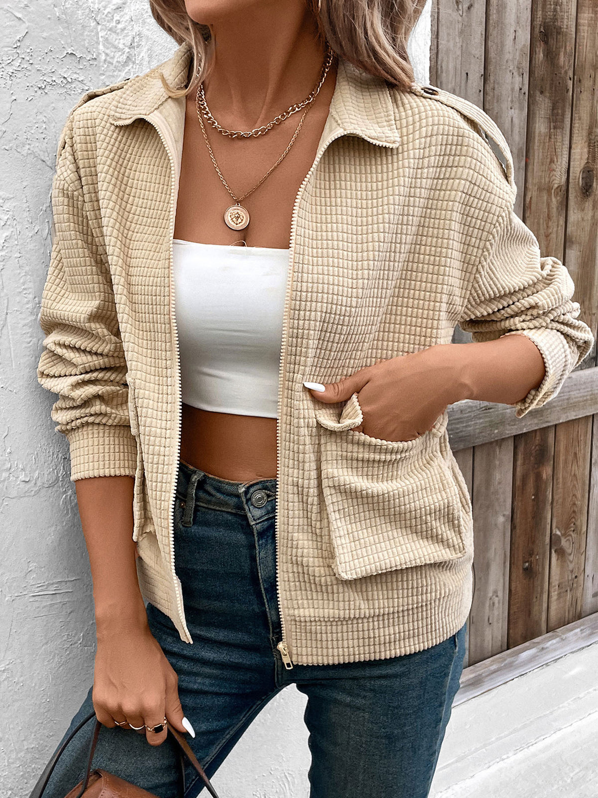 Waffle Knit Zip Up Collared Jacket - Khaki - 2