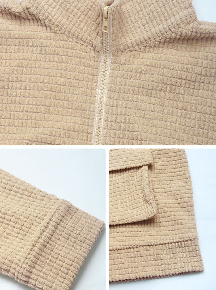 Waffle Knit Zip Up Collared Jacket - Khaki - 4