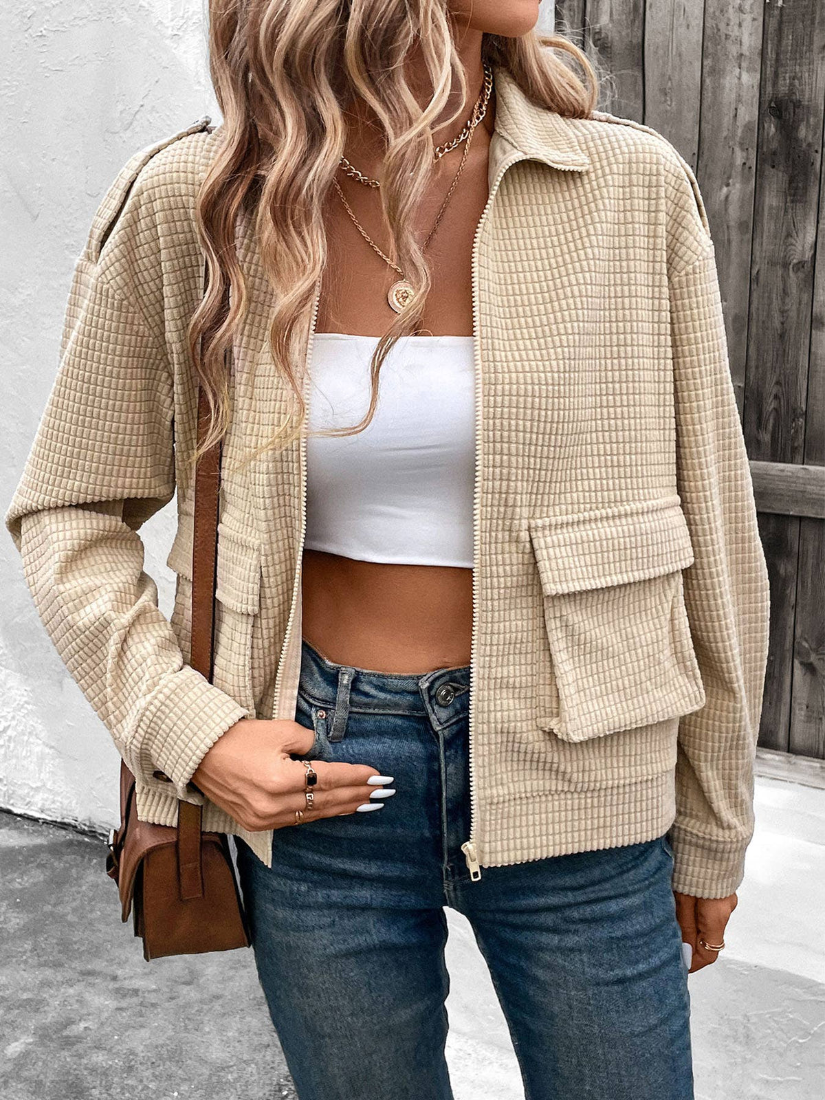Waffle Knit Zip Up Collared Jacket