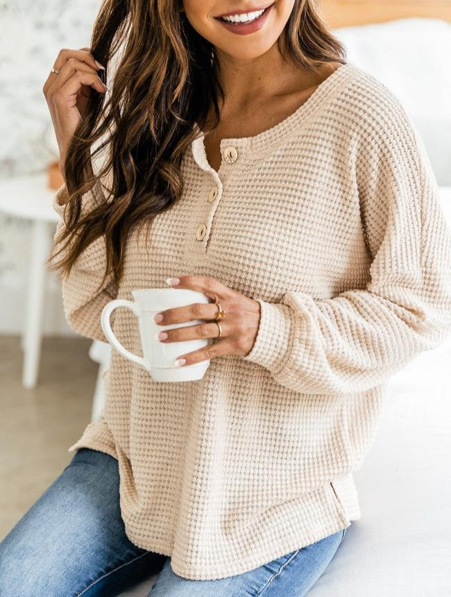 Waffle Knit Henley Button Top - Beige - 1