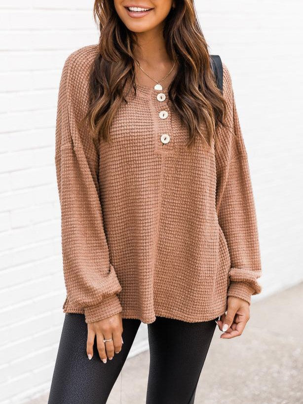 Waffle Knit Henley Button Top - Caramel