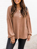 Waffle Knit Henley Button Top - Caramel