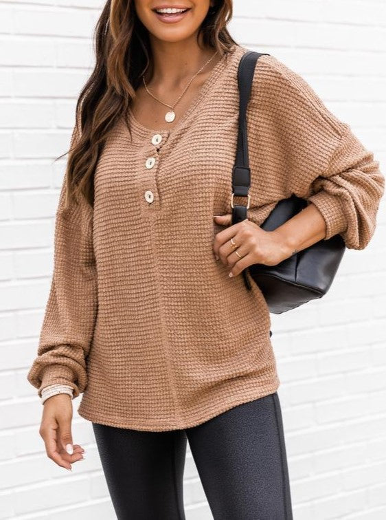 Waffle Knit Henley Button Top - Caramel - 1