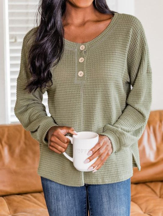 Waffle Knit Henley Button Top - Green