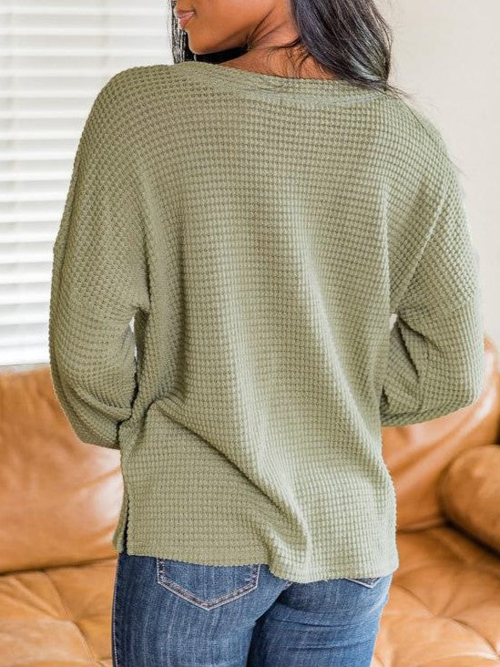 Waffle Knit Henley Button Top - Green - 1