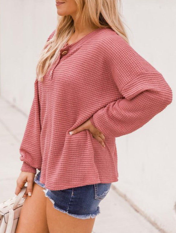 Waffle Knit Henley Button Top - Red