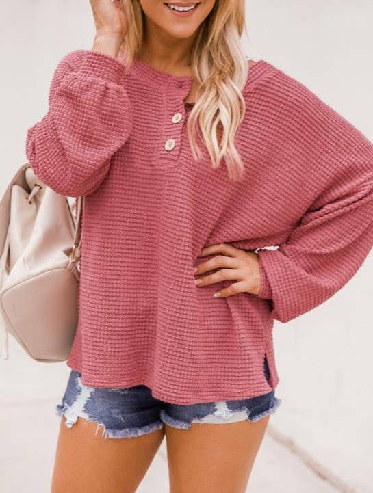 Waffle Knit Henley Button Top