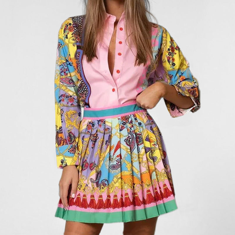 Scarf Print Blouse And Pleated Skirt Set - Decor