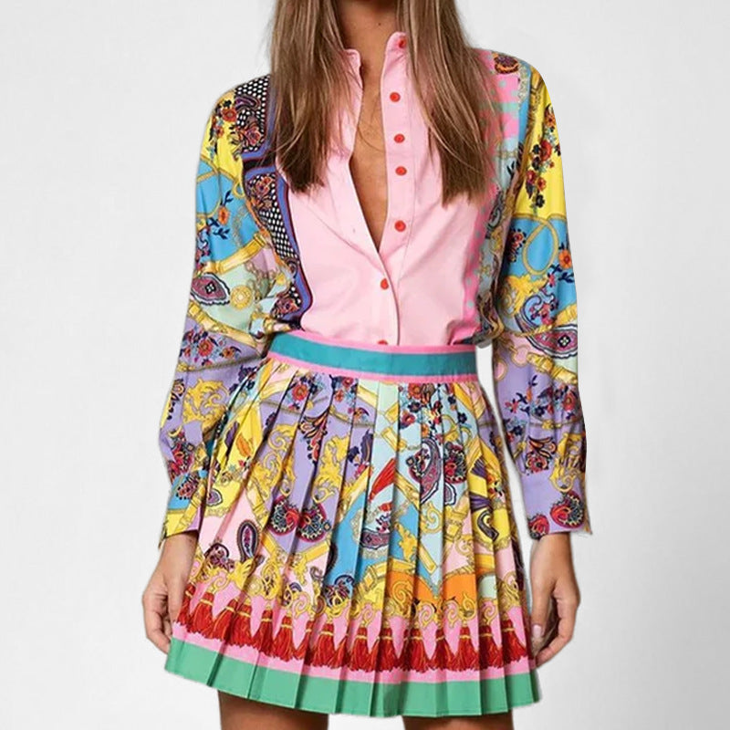Scarf Print Blouse And Pleated Skirt Set - Decor - 1