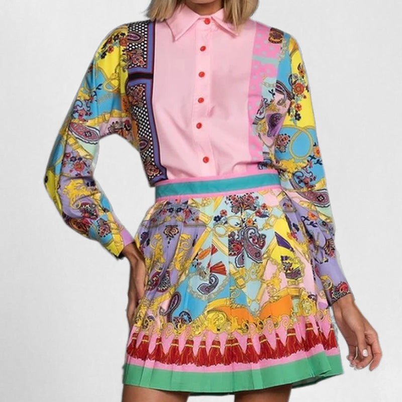 Scarf Print Blouse And Pleated Skirt Set - Decor - 2