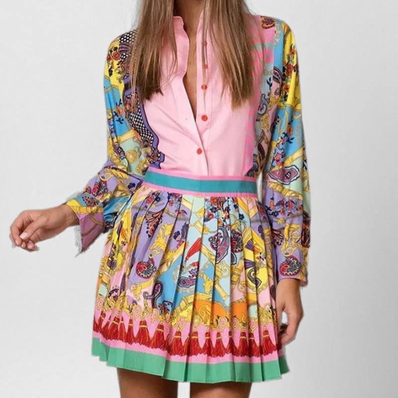 Scarf Print Blouse And Pleated Skirt Set - Decor - 3