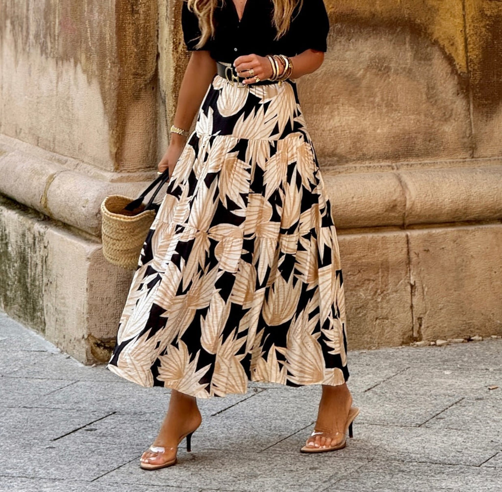 Leaf Print Pleated Maxi Skirt - White - 2