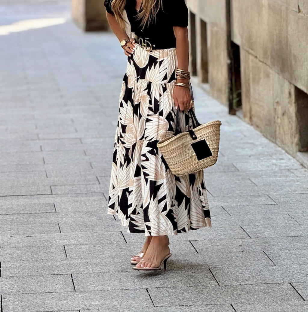 Leaf Print Pleated Maxi Skirt
