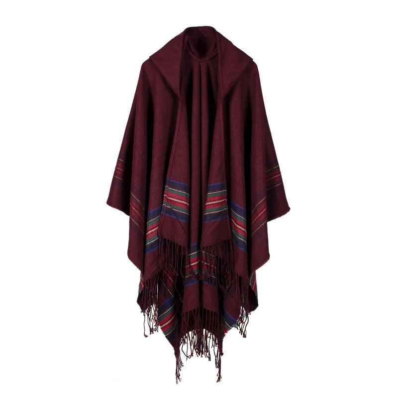 Hooded Fringed Plaid Border Ruana Poncho - Burgundy