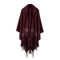 Hooded Fringed Plaid Border Ruana Poncho - Burgundy