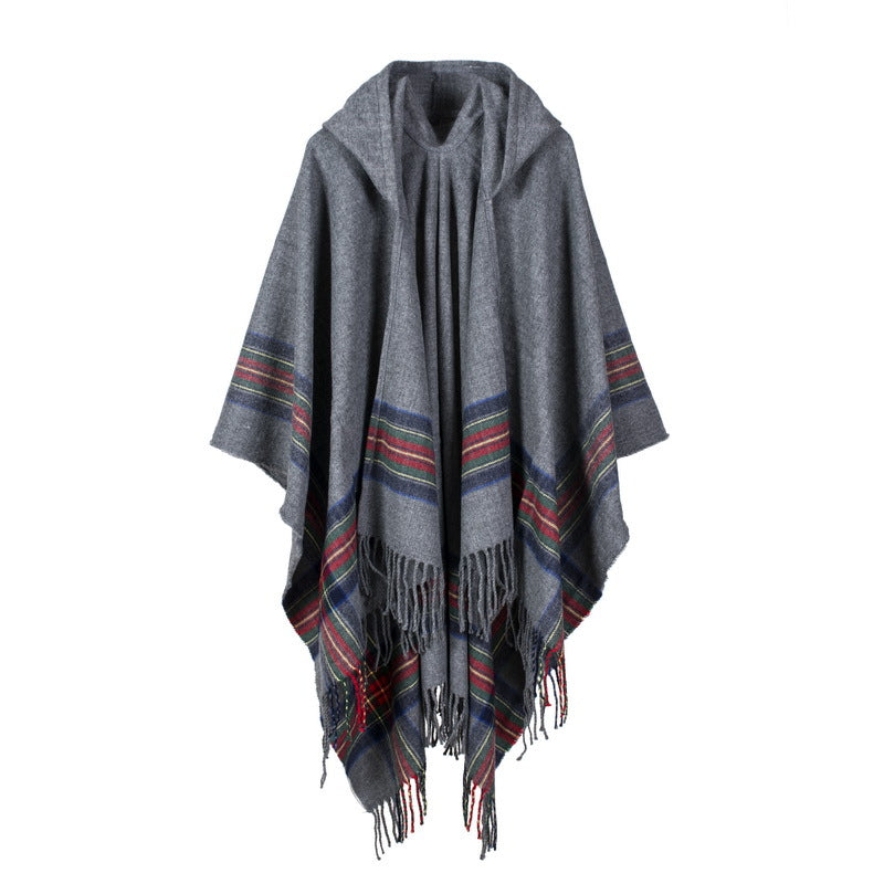 Hooded Fringed Plaid Border Ruana Poncho - Grey