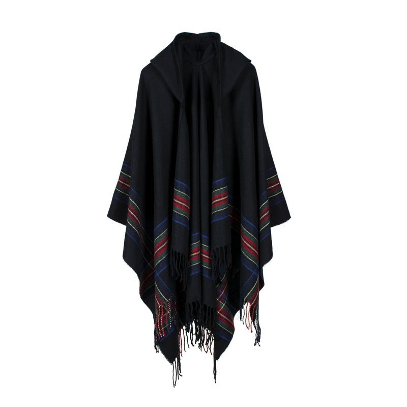 Hooded Fringed Plaid Border Ruana Poncho - black