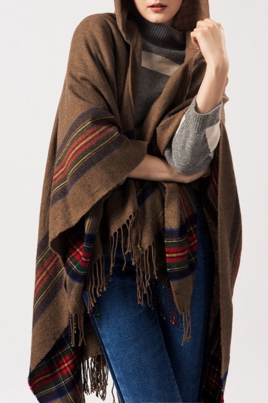 Hooded Fringed Plaid Border Ruana Poncho - khaki