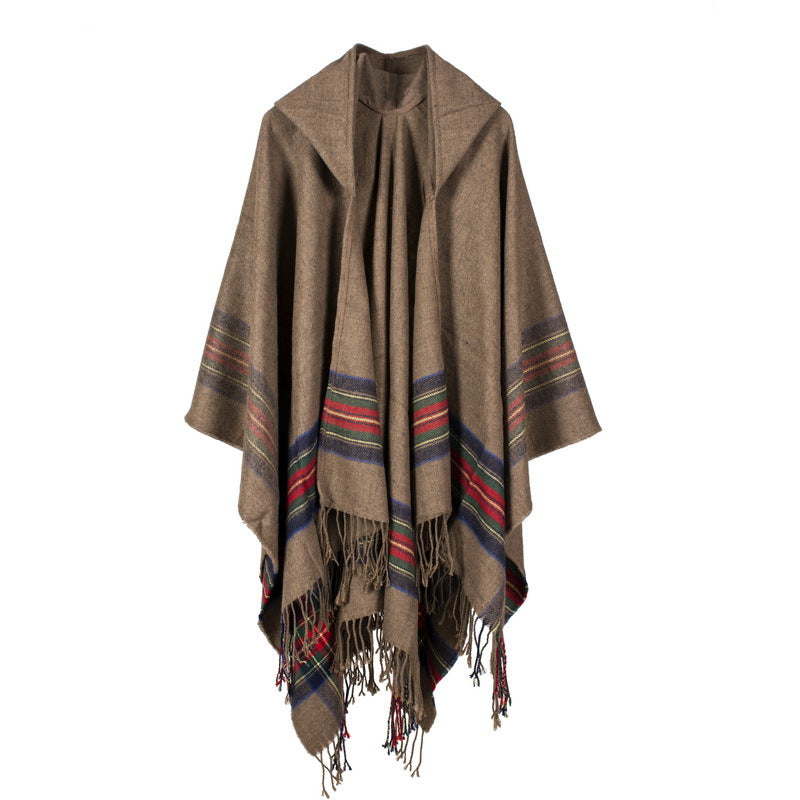 Hooded Fringed Plaid Border Ruana Poncho - khaki - 1