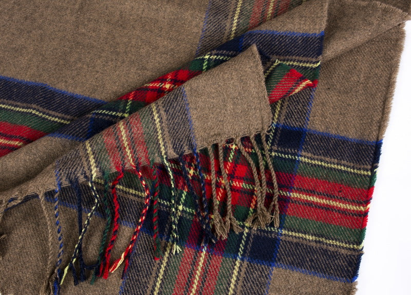 Hooded Fringed Plaid Border Ruana Poncho - khaki - 10