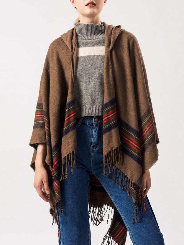Hooded Fringed Plaid Border Ruana Poncho - khaki - 2