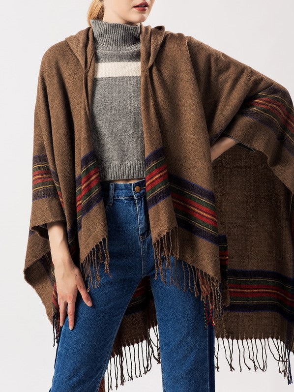 Hooded Fringed Plaid Border Ruana Poncho - khaki - 3