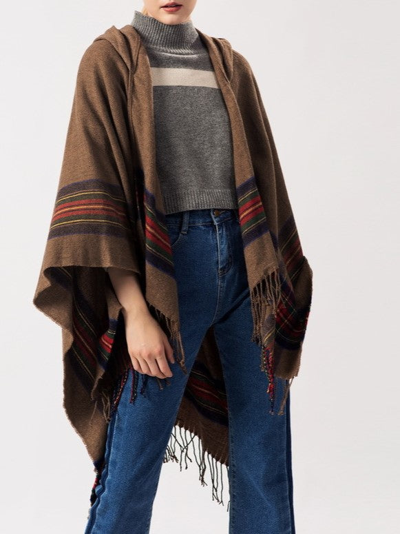Hooded Fringed Plaid Border Ruana Poncho - khaki - 4