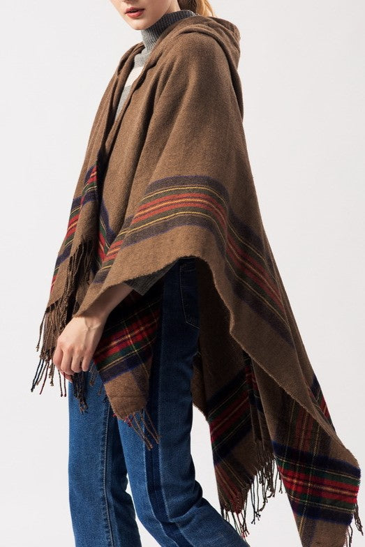 Hooded Fringed Plaid Border Ruana Poncho - khaki - 5