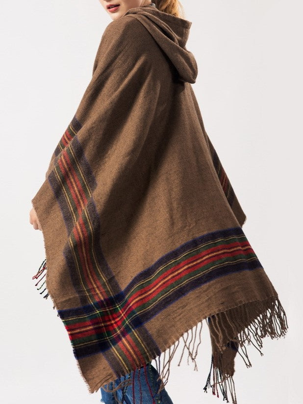 Hooded Fringed Plaid Border Ruana Poncho - khaki - 6