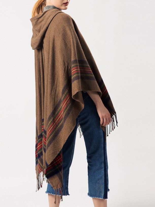 Hooded Fringed Plaid Border Ruana Poncho - khaki - 7
